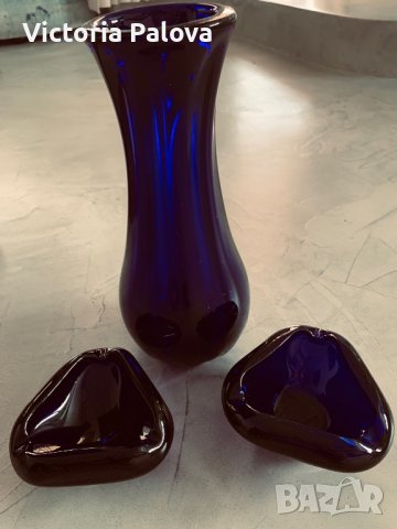Винтажна ваза и два пепелника гутно стъкло 1970г, снимка 5 - Вази - 37411372