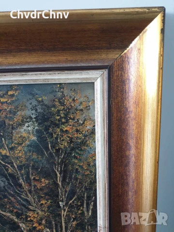 80х68см/голяма картина масло върху платно/горски пейзаж/къщи-река-дървета/дървена рамка, снимка 8 - Картини - 50852750