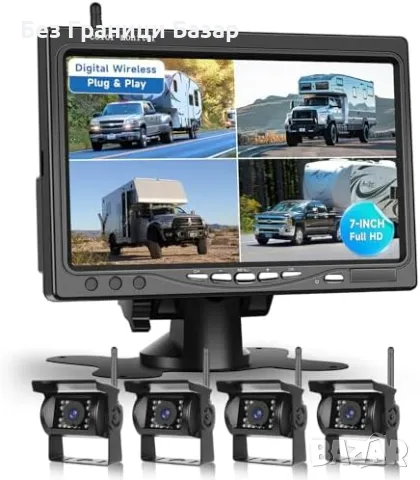 Нова Безжична камера за заден ход 7" IPS монитор 4 камери HD нощно виждане