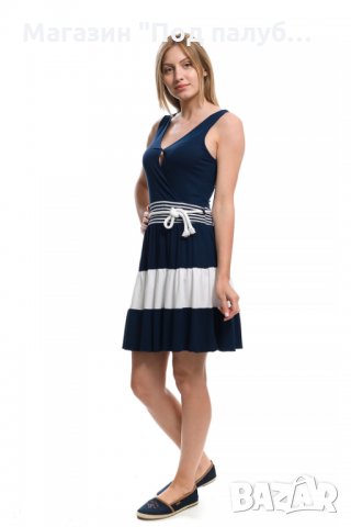Нова дамска разкроена моряшка рокля с дълбоко деколте, райе, снимка 1 - Рокли - 30313746