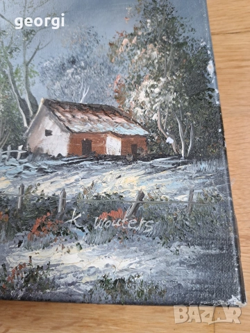 стара авторска картина зимен пейзаж маслени бои върху платно М1, снимка 2 - Картини - 54013591