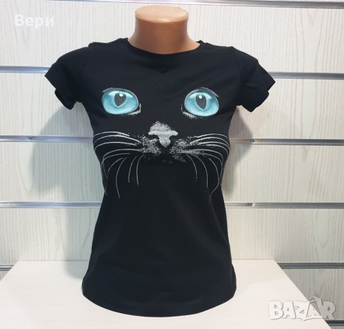 Страхотна нова дамска черна тениска с 3D трансферен печат Котка със сини очи