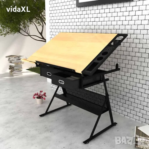 vidaXL Чертожна маса с две чекмеджета накланящ се плот и табуретка, снимка 6 - Работни маси и бюра - 56146262