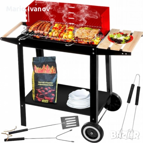 Градинско барбекю на колела, емайлирана стомана, 4 степени + Подарък 3 прибора, снимка 5 - Барбекюта - 53380001