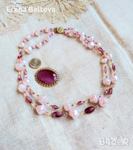 🎀     Гердан Бохемия  стъкло и брошка рубин , снимка 3 - Колиета, медальони, синджири - 53128474