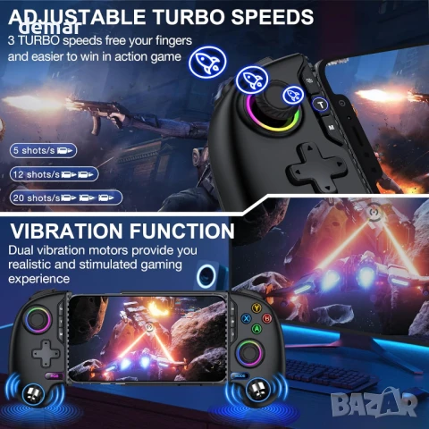 Безжичен мобилен геймпад HASACOOL за iPhone/Android с джойстик с ефект на Хол, RGB, снимка 5 - Друга електроника - 50582563