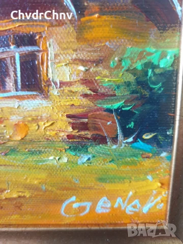 Димитър Генев 33x27см/малка българска картина масло върху платно/стара къща край морето, снимка 6 - Картини - 51153015