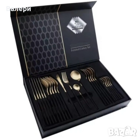 Комплект прибори за хранене от 24 части с луксозен дизайн и магнитна кутия в златисто и черно, снимка 3 - Прибори за хранене, готвене и сервиране - 53201283