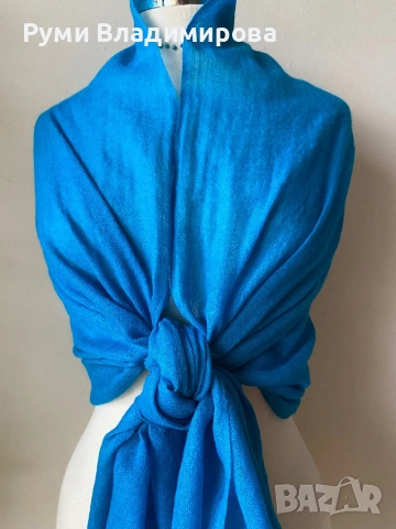 Син, тюркоазен шал от 100  % вълна, снимка 2 - Шалове - 52493358