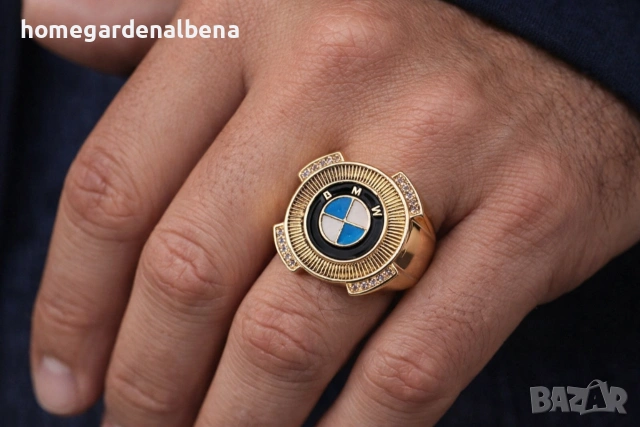 Мъжки пръстен BMW стил медицинска стомана 18К злато кристали емайл