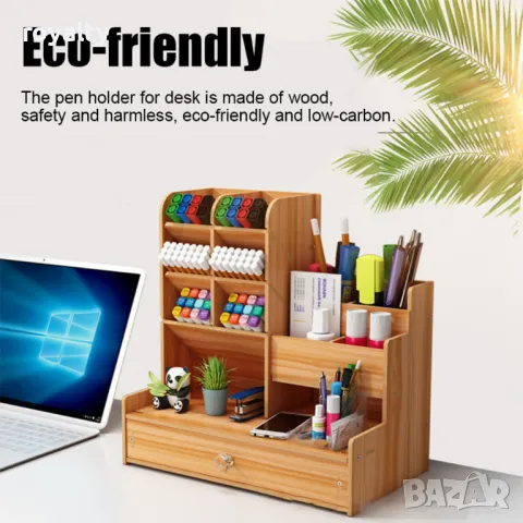 Дървен органайзер за бюро с чекмедже и многосекционно съхранение, снимка 4 - Декорация за дома - 49002543