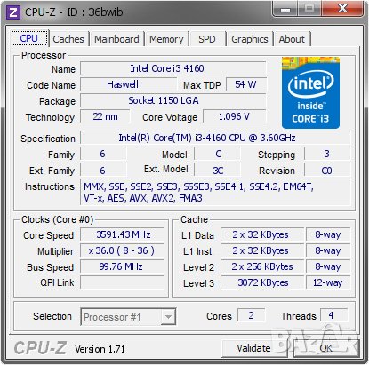 Процесор Intel® Core ™ i3-4160 (SR1PК) 3.60 GHz , снимка 2 - Процесори - 29565106