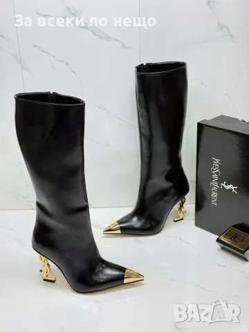 Yves Saint Laurent Дамски Ботуши С Ток Лого Със Златист Обков И Остър Златист Връх-3 Цв. Код SEM-987