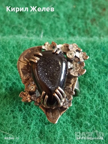 Екстравагантен сребърен пръстен с артистичен обков и ЧЕРЕН КВАРЦ елегантен 52938, снимка 2 - Пръстени - 54028032