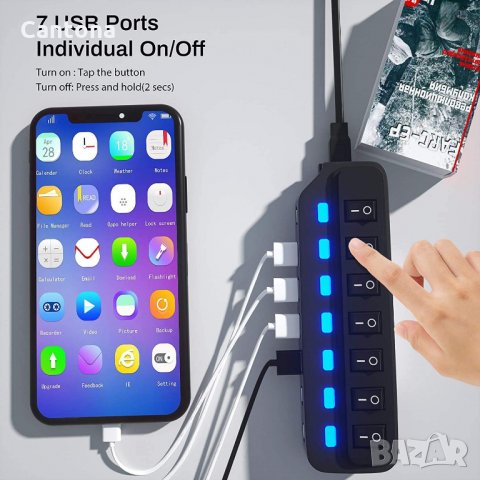 7 портов USB 3.0 Hub, Data Hub, LED, с индивидуални превключватели, снимка 5 - Други - 34895570