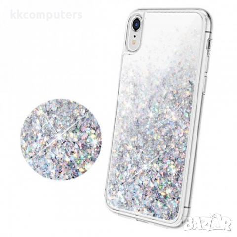 Силиконов калъф гръб кейс MBX Liquid с течност и брокат - iPhone 11 (6.1), Сребрист, снимка 3 - Калъфи, кейсове - 36503086