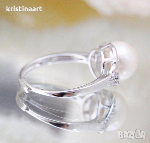 Сребърен безразмерен пръстен с естествена перла , снимка 2 - Пръстени - 20498610