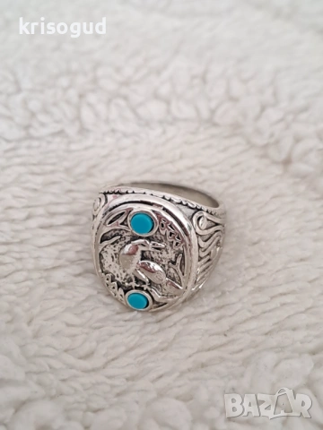 Мъжки пръстен от неръждаема стомана с Гарван и синтетичен тюркоаз, снимка 5 - Пръстени - 53032596