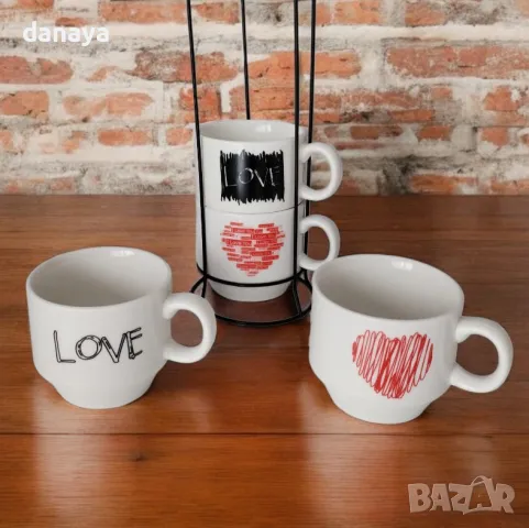5622 Комплект керамични чаши на метална стойка Love, снимка 4 - Чаши - 48648737