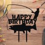 Happy Birthday Рибар риболов риба пластмасов черен топер украса за торта рожден ден, снимка 1