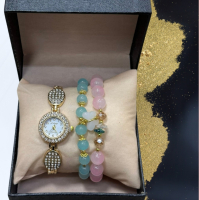 Подаръчен дамски комплект от часовник с камъни цирконии и два броя гривни от естествени камъни , снимка 4 - Гривни - 44545330