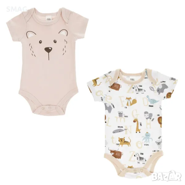 Бебешко боди Памучни къси ръкави Бежово мече Бели животни - 2 бр S_1233538, снимка 1