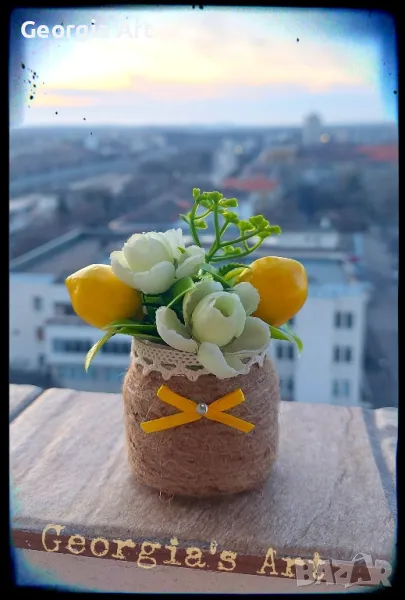 🍋Малка кашпа декорирана с лимони и бели цветя, снимка 1