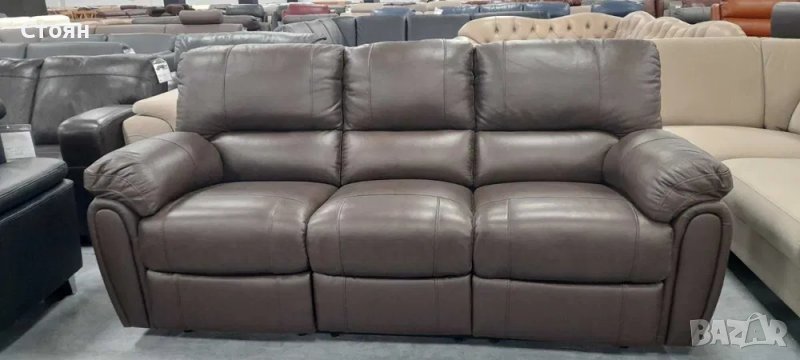 Кафяв кожен диван тройка с ръчен релаксиращ механизъм "Violino", снимка 1