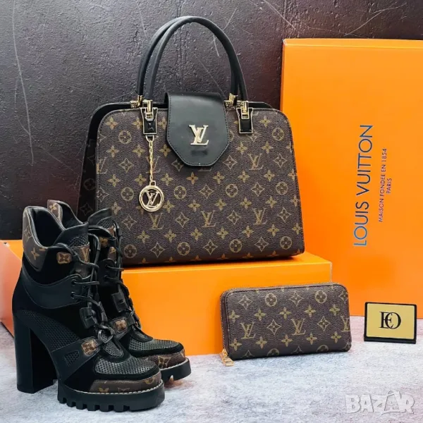 дамски комплекти боти на ток от естествена кожа, чанта / раница и портмоне louis vuitton , снимка 1