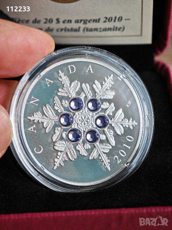 Сребърна монета снежинка с Танзанит, снимка 1