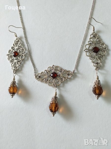 Разкошен комплект бижута с шоколадово кафяви фасетирани капка кристали и орнаменти в цвят Сребро , снимка 1