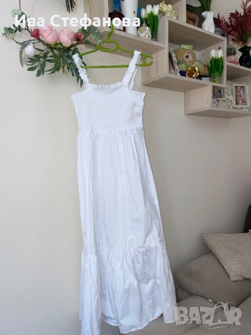Нова дълга елегантна бяла рокля one size размер волани ластична горна част 100% памук памучна рокля , снимка 8 - Рокли - 42055857