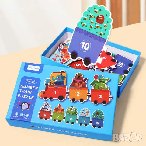 Дървен пъзел локомотив с вагончета и цифри, снимка 3 - Игри и пъзели - 49351559