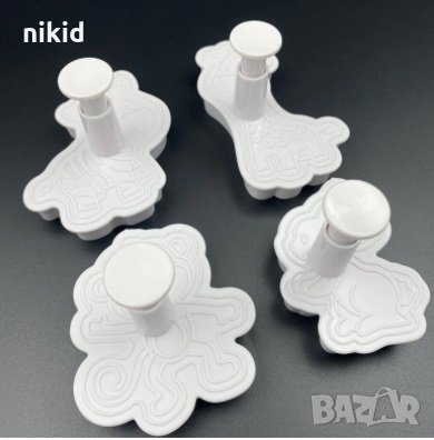 4 бр животни заек зебра жираф маймуна пластмасови форми резци с бутало за сладки фондан бисквитки, снимка 2 - Форми - 31805977