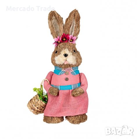 Великденска декоративна фигура Mercado Trade, Заек с розова рокля и кошница