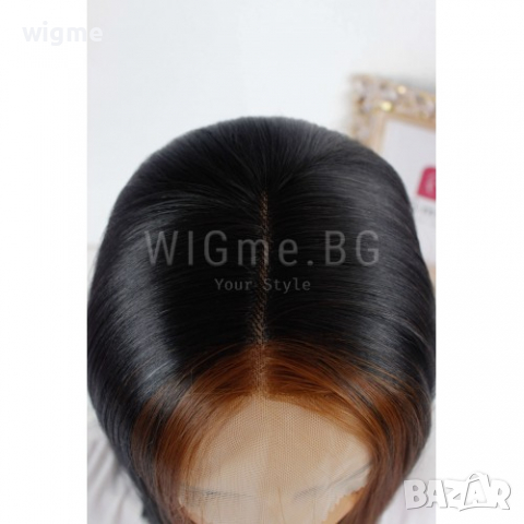 Къса права черна лейс фронт перука Лина с кестеняви кичури, снимка 6 - Аксесоари за коса - 36570741