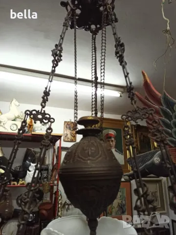 Стар масивен антикварен  полилей ,рисувана керамика ,рисувано стъкло,газено шише,действащ, снимка 10 - Антикварни и старинни предмети - 48766750