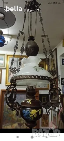 Стар масивен антикварен  полилей ,рисувана керамика ,рисувано стъкло,газено шише,действащ, снимка 2 - Антикварни и старинни предмети - 48766750