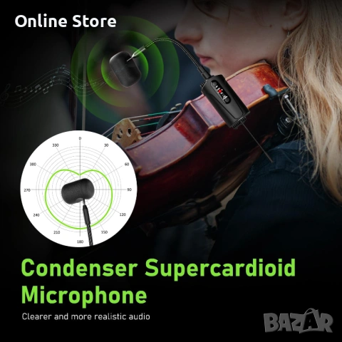 Двоен UHF безжичен микрофон за цигулка Q2/VT-5 – 2 предавателя и 1 приемник, снимка 2 - Микрофони - 54169941