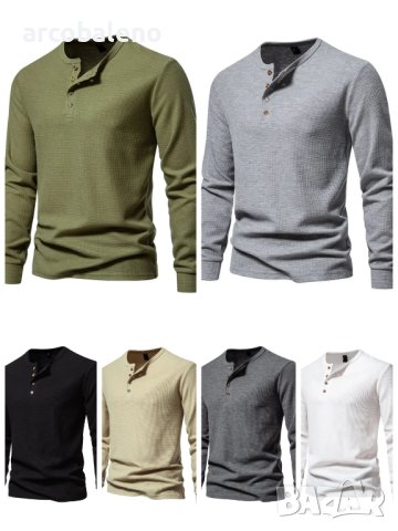 Мъжка тениска с дълги ръкави и четири копчета с гофрирано деколте, 6цвята 
