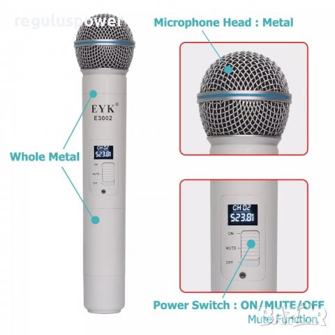 Безжична микрофонна UHF система EYK-E3002W, 2 мет. микрофона, обхват до 60 м, функциия Mute , снимка 5 - Аудиосистеми - 39129046