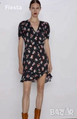 Нова черна флорална мини рокля Zara, размер XS, снимка 14 - Рокли - 51149855