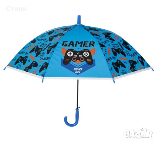 Чадър тип бастун Автоматичен детски син Gamer 66 см, снимка 2 - Други - 42877214