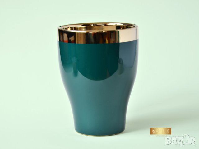 Саксия в тюркоазен цвят със златен кант / Подарък за любител на цветя / Тюркоазен цвят саксия, снимка 3 - Саксии и кашпи - 40513250