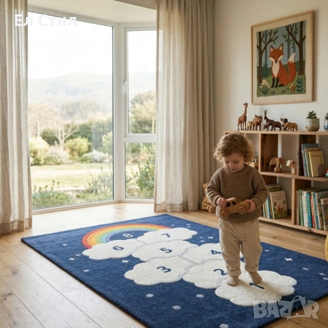 Детски килим за игра 120х160см - Тъмносин килим с облачета и дъга, противоплъзгащ и миещ се, снимка 3 - Други - 53928195