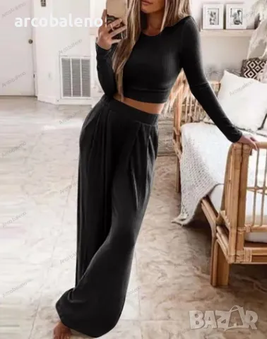 Едноцветен дамски плетен ежедневен домашен комплект от две части, 6цвята , снимка 6 - Комплекти - 48170119