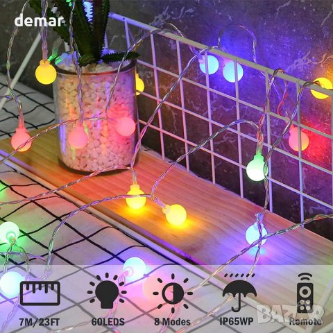 Вътрешни/външни декоративни коледни светлини 60 LED, 7 м, 8 режима, снимка 4 - Лед осветление - 42540089