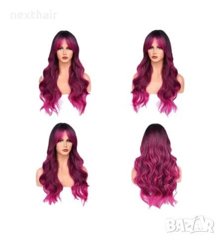 Омбре перука розово червена циклама с черни корени и бретон, снимка 4 - Аксесоари за коса - 47997798