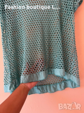Тюркоазена блуза с дантела къс ръкав L размер 👗, снимка 5 - Тениски - 51846139