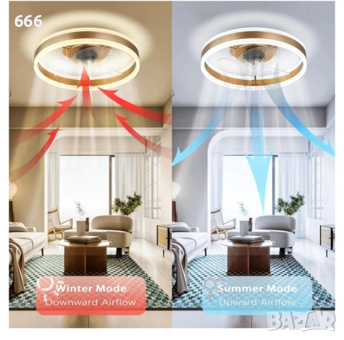 Таванен вентилатор с осветление, снимка 4 - Лампи за таван - 52929961